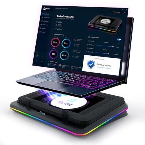 KLIM Turbofrost Max - Refroidisseur PC Portable RGB, Turbo Ventilateur PC Portable XL, Compatible 15.6-17 Pouces, Système Breveté d'Optimisation du Flux d'air, Vitesse réglable, Écran LCD