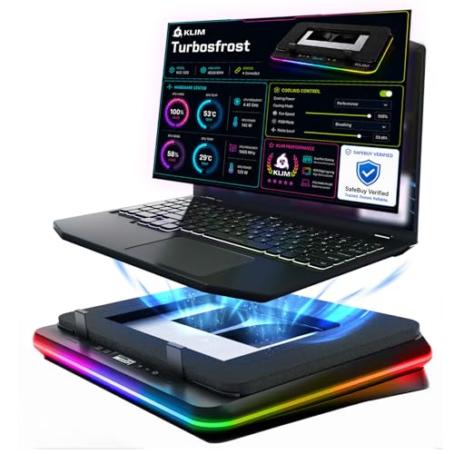 KLIM Turbofrost Refroidisseur PC Portable – 4 Ventilateurs Turbo à 4000 RPM, RGB Dynamique, 4 Ports USB, Double Alimentation (USB-C DC), Mousse Isolante – Support pour Ordinateur 14–17” – Espace Gris
