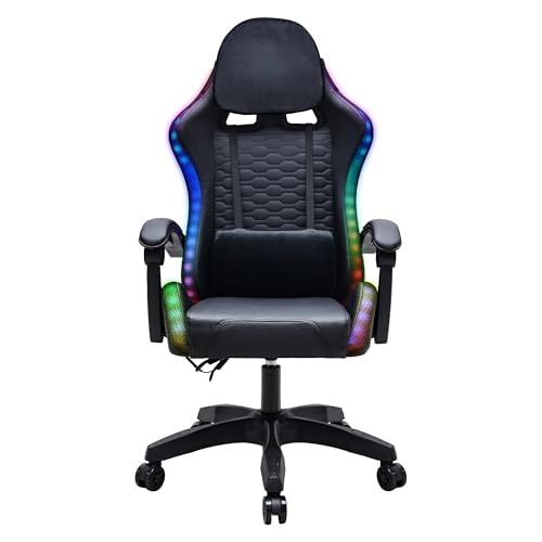 Subsonic - Chaise Gaming LED RGB - Fauteuil Inclinable, Confortable avec Appui-tête et Accoudoirs Intégrés - Fauteuil Gamer à Dossier Ergonomique, Coussin Dorsal, Hauteur Ajustable - Noire