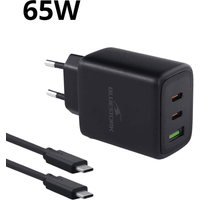 Bluestork Chargeur 65W PD - 3 ports Câble USB-C 2m - Noir