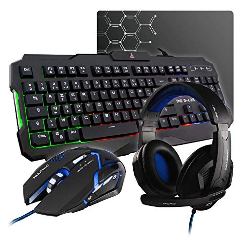 THE G LAB Combo ARGON Ensemble Gaming 4 en 1 Clavier AZERTY Retroeclaire Souris Gamer 3200 DPI Micro Casque Tapis de Souris Antiderapant Pack Gamer PC PS4 Xbox One Mac