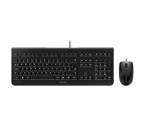CHERRY DC 2000, Ensemble Clavier et Souris Filaire, Disposition UK (QWERTY), Plug Play Via 1 Port USB, Design Plat, Souris symétrique, Noir