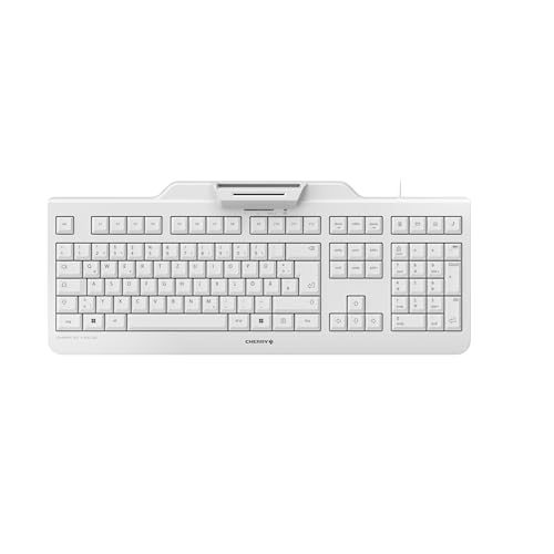 CHERRY KC 1000 SC, Clavier de Sécurité Filaire avec Lecteur de Carte Intégré, Disposition Allemande (QWERTZ), Plug Play (USB-A), Design Plat, Blanc-Gris