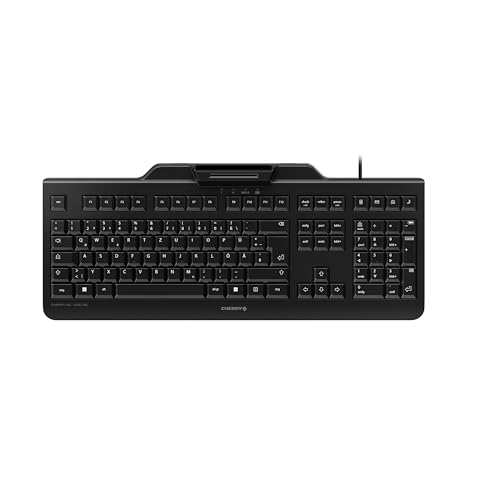 CHERRY KC 1000 SC, Clavier de Sécurité Filaire avec Lecteur de Carte Intégré, Disposition Allemande (QWERTZ), Plug Play (USB-A), Design Plat, Noir