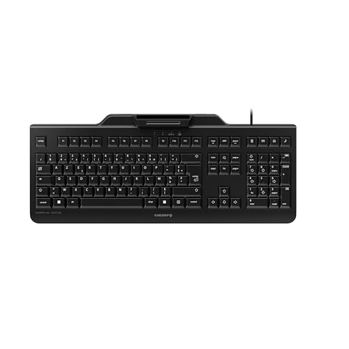 CHERRY KC 1000 SC, Clavier de Sécurité Filaire avec Lecteur de Carte Intégré, Disposition Belge (AZERTY), Plug Play (USB-A), Design Plat, Noir