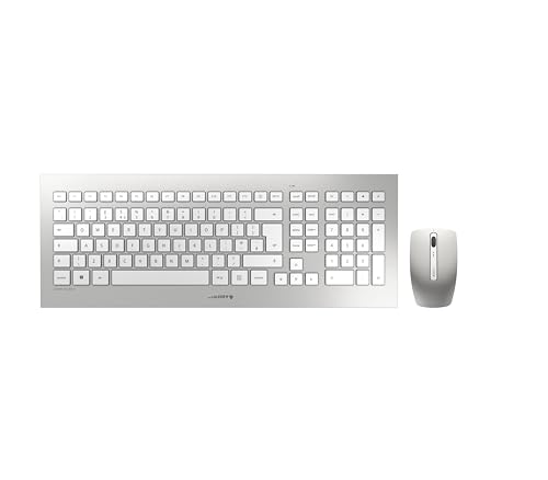 CHERRY DW 8000 ensemble clavier et souris sans fil, Disposition espagnole (QWERTY), alimenté par batterie, clavier ultra-plat, souris à 3 boutons avec capteur infrarouge, Blanc argenté