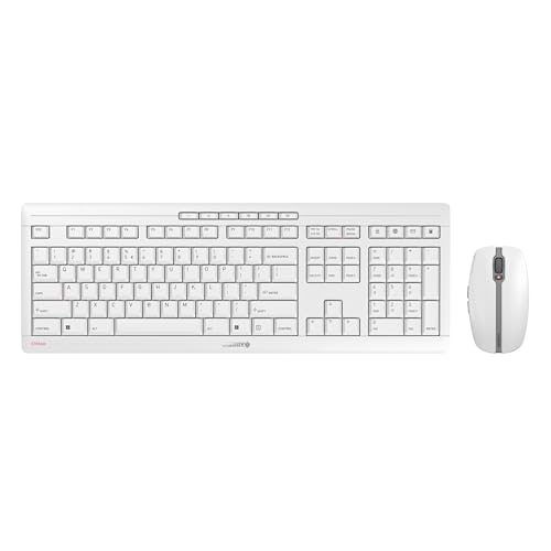 CHERRY Stream Desktop, Ensemble Clavier et Souris sans Fil, Disposition EU (QWERTY), Connexion Radio 2,4 GHz, Frappe silencieuse, Touches Plates, Alimenté par Batterie, Blanc grisé