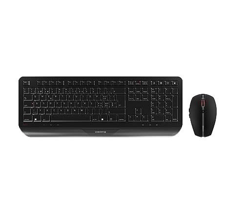 CHERRY GENTIX Desktop, Ensemble Clavier et Souris sans Fil, Disposition Suisse (QWERTZ), Radio 2,4 GHz, Repose-Poignets Intégré, Souris Symétrique, Noir