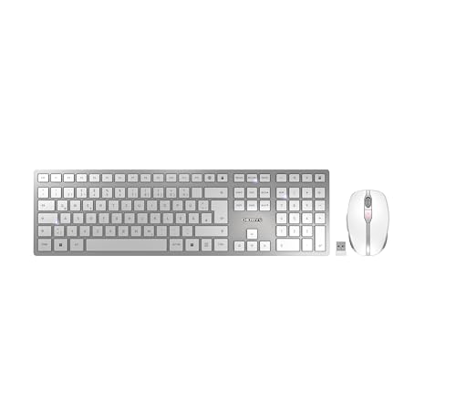 CHERRY DW 9100 Slim, Ensemble Clavier et Souris sans Fil, Disposition Allemande (QWERTZ), Bluetooth et Radio 2,4 GHz, Touches silencieuses, Rechargeable, Blanc argenté