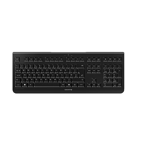 CHERRY KW 3000, Clavier sans Fil avec pavé numérique, Disposition UK (QWERTY), Connexion Radio 2,4 GHz, Touches silencieuses, Design Plat, Alimenté par Batterie, Noir