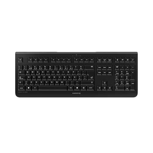 CHERRY KW 3000, Clavier sans Fil avec Pavé Numérique, Disposition Portugaise (QWERTY), 2,4 GHz, Touches Silencieuses, Design Plat, Fonctionne sur Piles, Noir
