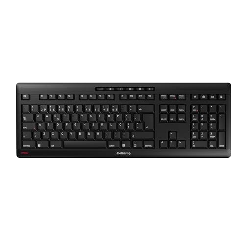 CHERRY Stream Keyboard Wireless, Clavier sans Fil, Disposition Portugaise (QWERTY), Radio 2,4 GHz, Touches Silencieuses, Design Plat, Fonctionne sur Piles, Noir