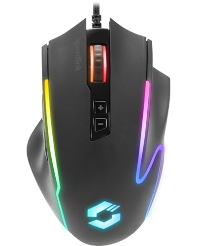 Speedlink DECUS NX - Souris Gaming RGB avec câble, éclairage RGB Multicolore, Bouton de tir continu, jusqu'à 12800dpi, 1000Hz, programmable, Mouse USB Filaire, câble gainé, Noir