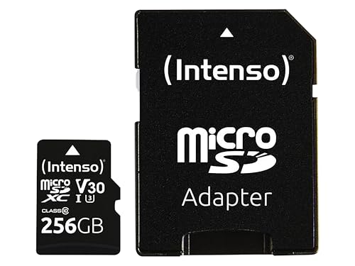 Intenso Carte mémoire microSDHC Professionnelle 256 Go Classe 10 UHS-I, U3, V30 avec Adaptateur SD, pour Enregistrement 4K, GoPro, Insta 360, DJI, Osmo, Steam Deck, Drone, caméra d'action, Noire