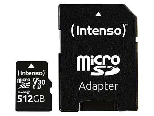 Intenso Carte mémoire microSDHC Professionnelle 512 Go Classe 10 UHS-I, U3, V30 avec Adaptateur SD, pour Enregistrement 4K, GoPro, Insta 360, DJI, Osmo, Steam Deck, Drone, caméra d'action, Noire