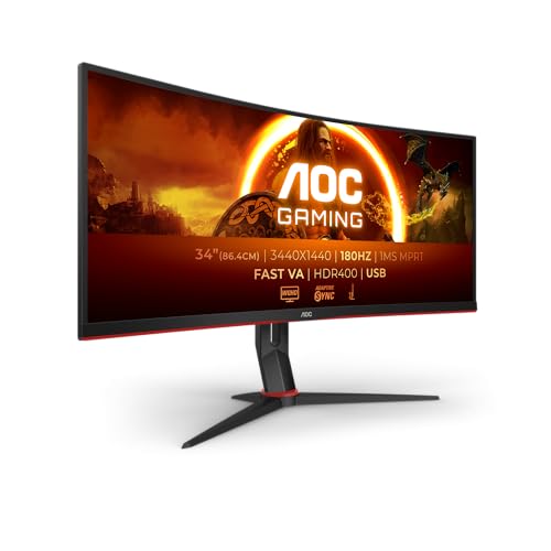 AOC Gaming Moniteur Incurvé, CU34G2XPD BK 34 Pouce 180Hz Fast VA Dalle, 1ms MPRT, HDR400, FreeSync Premium, USB Hub(34 pouce40x1440 HDMI 2X 2.0 DP 2X 1.4) Noir Rouge