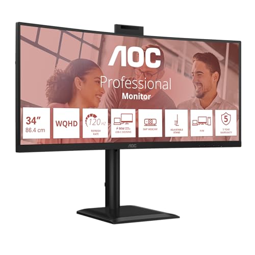 AOC Moniteur Incurvé, CU34E4CW 34 Pouce 120Hz VA Dalle, 4ms GtG, HDR Ready HDR10, Ajustable en Hauteur, Webcam, Haut-parleurs, USB Hub(3440x1440 HDMI 2X 2.1 TMDS DP 1x 1.4) Noir