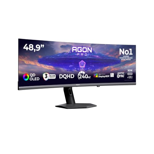 AOC Moniteur Incurvé, AGP497UCZD 49 240Hz QD-OLED Dalle, 0.03ms GtG, HDR400, FreeSync Prem Pro, G-Sync Comp, Ajustable en Hauteur, Haut-parleurs, USB Hub(5120x1440 HDMI 2X 2.1 DP 1x 2.1) Gris foncé