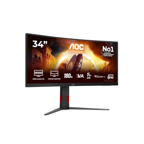 AOC Moniteur Incurvé, CU34G4CAP 34 Pouce 180Hz Fast VA Dalle, 1ms GtG, HDR400, FreeSync, Ajustable en Hauteur, USB Hub(3440x1440 HDMI 2X 2.0 DP 1x 1.4) Noir
