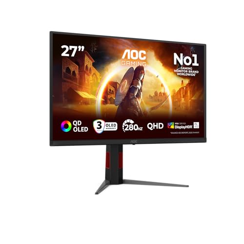 AOC Moniteur Q27G4ZD 27 Pouce 280Hz QD-OLED Dalle, 0.03ms GtG, HDR400 TrueBlack, G-Sync Compatible, Ajustable en Hauteur, USB Hub(2560x1440 HDMI 2X 2.1 DP 1x 1.4) Noir