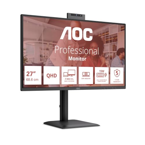 AOC Gaming Moniteur Q27E4CW 27 Pouce IPS WQHD | 1MPRT 4GtG, Gaming, Ajustable en hauteur, 5 MP web cam, 5Wx2 Haut-parleurs, Adaptive Sync, HDR Ready, USB Hub, USB-C
