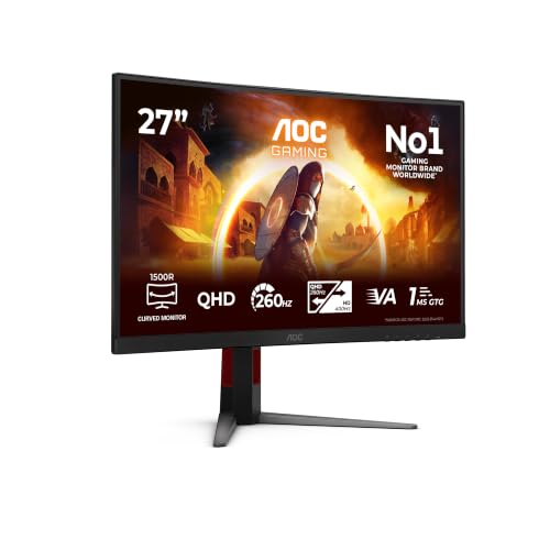 AOC Moniteur Incurvé, CQ27G4Z2AD 27 Pouce 260Hz (OC, Native 240Hz) Fast VA Dalle, 1ms GtG, HDR400, FreeSync Premium, Ajustable en Hauteur, (2560x1440 HDMI 2X 2.0 DP 1x 1.4) Noir