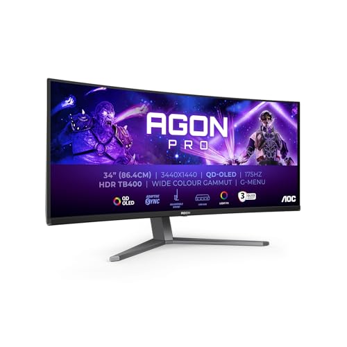 AOC Moniteur Incurvé, AG346UCDAM 34 Pouce 175Hz QD-OLED Dalle, 0.03ms GtG, HDR400 TrueBlack, FreeSync Premium, G-Sync Compatible, Haut-parleurs, USB Hub(3440x1440 HDMI 2X 2.0 DP 1x 1.4) Noir
