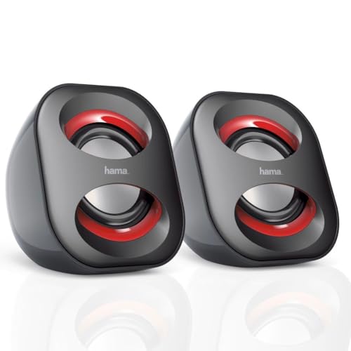 Hama Sonic Mobil 183 Enceintes pour Ordinateur - Système Stéréo 2.0, Haut-Parleurs Alimentés en USB, Connexion Jack 3.5mm - Noir Rouge