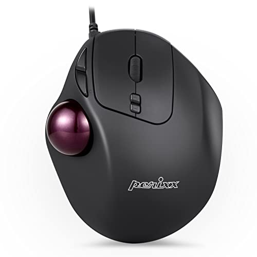 Perixx Perimice-517, Souris Trackball Filaire Ergonomique Programmable - 2 niveaux de DPI 400 1000, 7 Boutons, Droitiers, Noire et Rouge