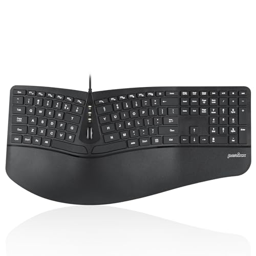 Perixx PERIBOARD-330B, Clavier Ergonomique Filaire QWERTY US avec Repose-Poignets réglable, Rétro-éclairé et Touches à Membrane à Profil Bas, 2 Ports USB supplémentaires, Clavier US