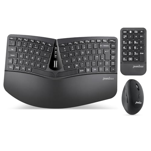 Perixx PERIDUO-606A Clavier ergonomique compact sans fil 3 en 1 avec souris verticale et pavé numérique – Repose-poignets réglable – Molette inclinable – Touches à membrane discrète – QWERTY