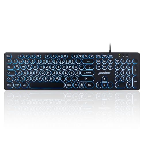 Perixx PERIBOARD-317R Clavier Filaire USB rétroéclairé - Lettres majuscules - LED Lumineuse Tricolore - Touches Rondes élégantes - Disposition QWERTZ Allemande