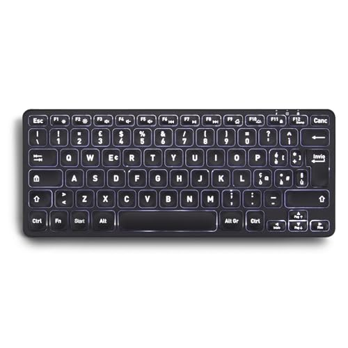 Perixx PERIBOARD-732B Mini clavier rétro-éclairé sans fil - Batterie rechargeable - Touches à ciseaux de type X - Rétroéclairage blanc - Disposition française