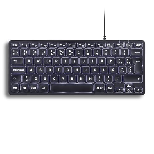 Perixx PERIBOARD-332 Clavier mini USB rétroéclairé avec câble - Touches ciseaux type X - Rétroéclairage blanc - noir - QWERTY espagnol