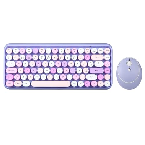 Perixx Perduo-713PP ES Ensemble Souris et Mini Clavier sans Fil 2,4 GHz, Touches Rondes Style rétro, pour PC et Tablette, Violet Pastel