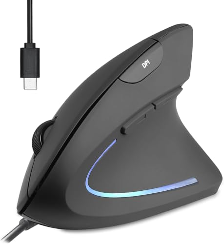 Perixx PERIMICE-513C Kabelgebundene Vertikale USB-C Maus, 6 Tasten, 1000 1600 DPI, Rechtshänder-Design, 1,8m Typ C Kabel, Schwarz
