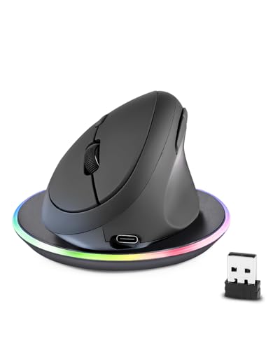 perixx PERIMICE-719RX Souris Verticale sans Fil Duo-Rechargeable, 2.4GHz, 6 Boutons, DPI Réglable 1000 1600 2400 3200, Design Droitier, Noir