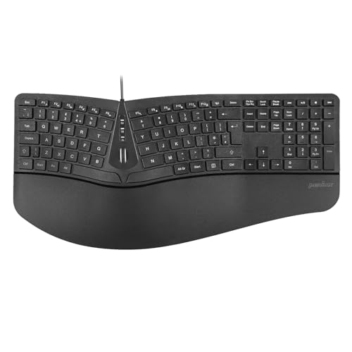 perixx PERIBOARD-305 Clavier ergonomique divisé avec molette de défilement – Repose-poignet réglable – Clavier filaire USB pleine taille avec 12 touches multimédia – Disposition britannique – Noir