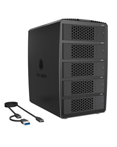 ICY Box Boîtier Raid 5 Baies pour HDD SSD 2,5 3,5 , Stockage Das USB-C avec USB 3.2 Gen 1 (5 Gbps), HotSwap SATA III Enclosure, Modes 0 1 3 5 LARGE SINGLE, IB-RD3705-CU3, Heart Raid 3705