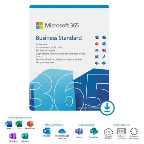 Microsoft 365 Business Standard pour 1 utilisateur - Abonnement de 1 an • Code dactivation pour PC Mac et Mobile