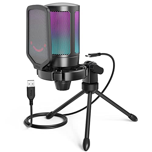 FIFINE USB Micro Gaming, Micro PC pour Podcast Streaming, Condensateur Microphone de Bureau per PS4 PS5 Ordinateur, avec Bouton de Silence, Fixation Antichoc, Support Trépied, Filtre Anti-Pop