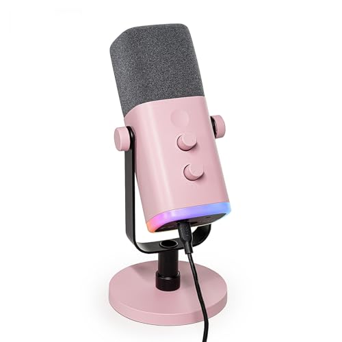 FIFINE USB XLR Streaming Micro Dynamique pour PC, RGB Cardioïde Microphone pour Gaming, Podcasting, Broadcasting, Enregistrement Vocal, pour PS4 5 Mac PC Mixer Cartes Son - Rose