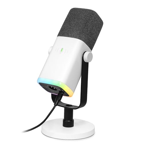 FIFINE USB XLR Streaming Micro Dynamique pour PC, RGB Cardioïde Microphone pour Gaming, Podcasting, Broadcasting, Enregistrement Vocal, pour PS4 5 Mac PC Mixer Cartes Son - Blanc