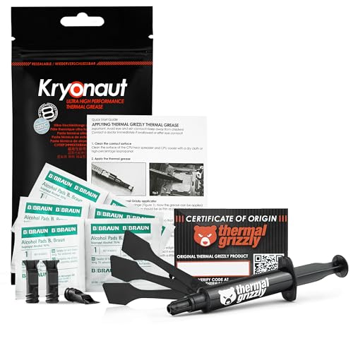 Graisse thermique Thermique Grizzly Kryonaut - 11,1 g - 1 applicateur supplémentaire, 2 spatules supplémentaires et 6 tampons de nettoyage pour processeur
