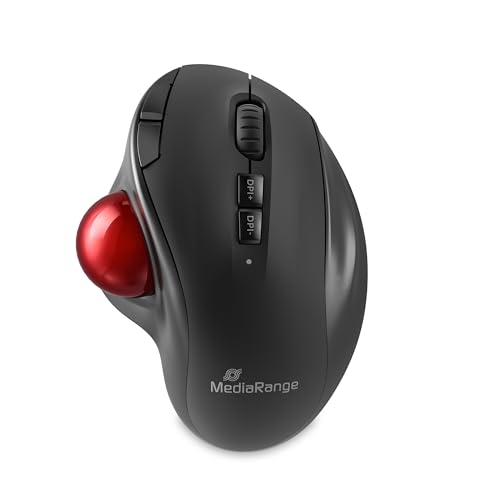 MediaRange Souris Optique sans Fil Trackball à 7 Boutons avec molette de défilement, Boutons DPI et Pouce, 800-2400 DPI, Batterie Rechargeable 600 mAh, pour droitier, Noir Rouge