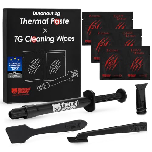 Thermal Grizzly Duronaut – Durabilité améliorée et pâte thermique haute performance – pour une conductivité maximale lors de l'overclocking CPU PS4 PS5 Xbox avec 12 lingettes nettoyantes, 6 humides et