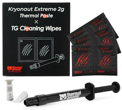 Thermal Grizzly Kryonaut Extreme Pâte Thermique extrêmement Haute Performance avec 5 lingettes nettoyantes pour Une conductivité Thermique maximale Lors de l'overclocking CPU GPU PS4 PS5 Xbox 2 g