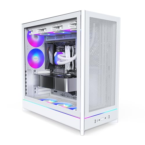 MONTECH HS01 Pro, ATX Mid-Tower PC Case, Gaming PC, High-Airflow, Reversible Layout, Mesh Front Panel, 5X ARGB PWM Fan Pre-Installed, Sink-in Design, Toolless Panels, White