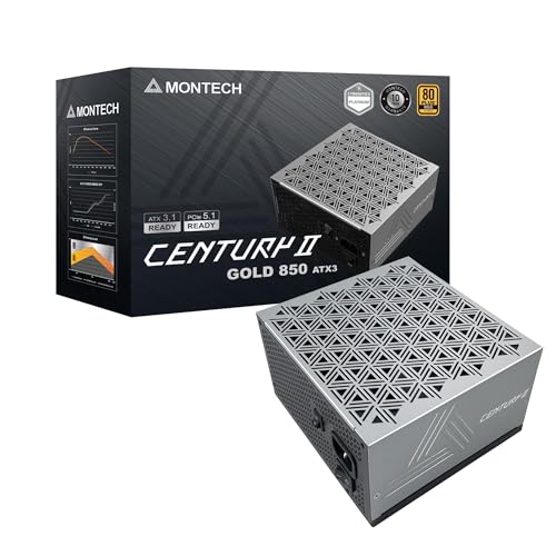 MONTECH Century II - Alimentation ATX Haut de Gamme 850 W - 80 Plus Gold Cybenetics Platinum - Entièrement modulaire - ATX 3.1 et PCIe 5.1 prêt avec câble de 12 V-2 x 6 - Garantie de 10 Ans
