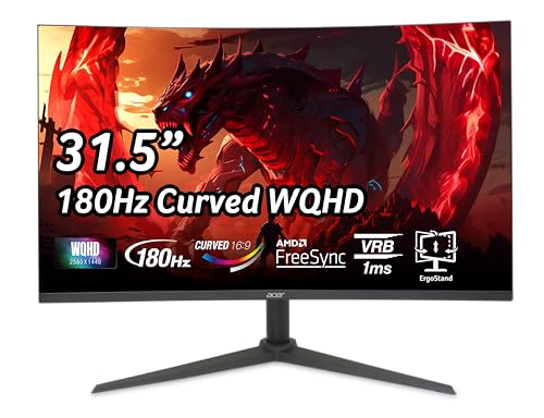 acer Nitro XZ322QUV3bmiiphx, Écran PC Gaming Incurvé 31.5 WQHD, 180Hz (Curve 1500R, 2560x1440, 16 9, AMD Freesync, 1ms (VRB), 400Nits, 2xHDMI 2.0 1xDP 1.4) Moniteur PC Curve, Pied Ajustable, Noir